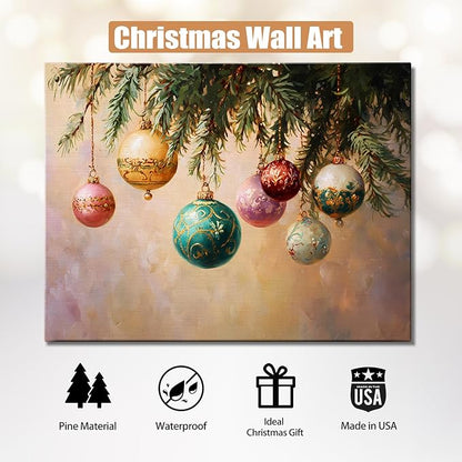 Vintage Holly Garland Christmas Canvas Wall Art - Rustic Christmas Wall Decor Framed Canvas Prints for Living Room & Office, Timeless Christmas Gifts & Winter Wall Decor