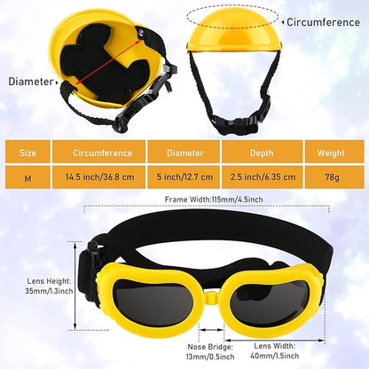 Frienda Dog Helmet and Goggles, UV Protection Doggy Sunglasses and 4 Inch Padded Puppy Motorcycle Helmet Adorable Dog Goggles with Adjustable Belt for Small Dogs Puppy Riding(Yellow,M)