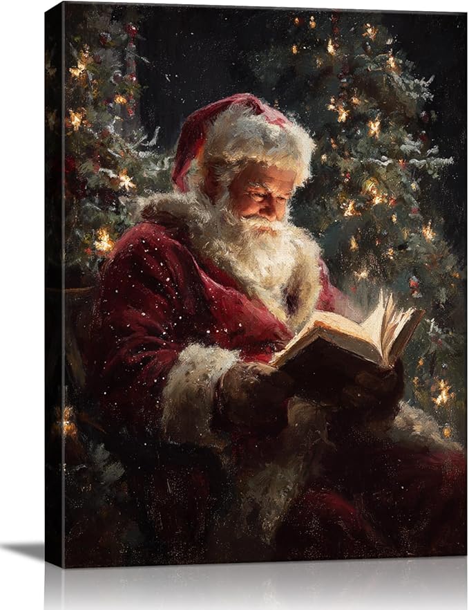 Vintage Santa Claus Reading Canvas Wall Art - Rustic Framed Christmas Canvas Prints for Living Room, Cozy Winter Wall Decor, Ideal Christmas Gifts & Festive Decorations