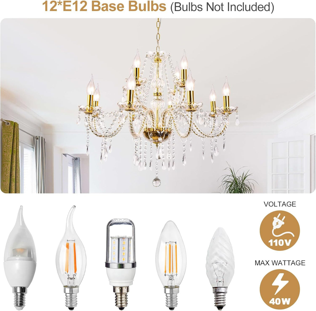 Modern Elegant 12 Lights K9 Crystal Glass Chandelier Golden Pendant Ceiling Lighting European Style for Dining Living Room Bedroom Transparent,12 E12 Bulbs Required