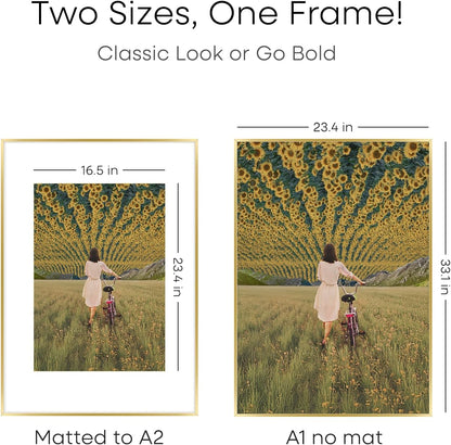 Homeforia A1 Poster Frame Gold, High End Metal 23.4 x 33.1 inches Large Picture Frames with Mat 16.5 x 23.4 for Photo, A1 Size Frames Matted to A2 Print, 23.4x33.1 Thin Frame, Tempered Glass, Set of 1