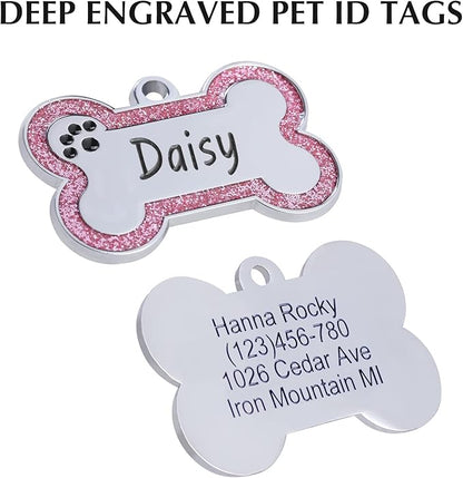 Personalized Stainless Steel Pet ID Tags with Glittery Bone Design - DEEP Engraved Dog Tags Engraved for Pets Customized with 5 Lines Dogs and Cats Pets