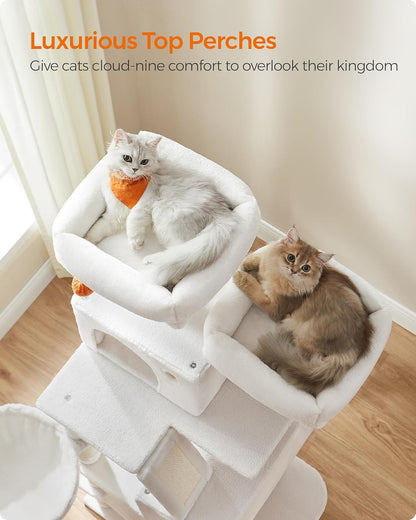 Feandrea Cat Tree, 66.1-Inch Large Cat Tower with 13 Scratching Posts, 2 Perches, 2 Caves, Basket, Hammock, Pompoms, Multi-Level Plush Cat Condo for Indoor Cats, Cream White UPCT165T01