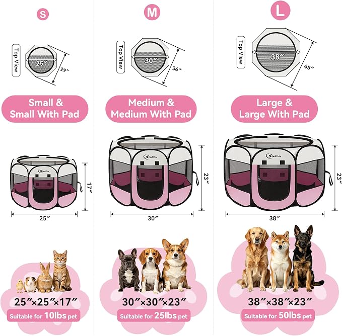 Sieidihit Dog Cat Pet Playpen Puppy Crate Cage Indoor Outdoor, Small Pink | Rest Zone for Recovering Pets New Pet Quarantine Room Portable Pop Up Easy to Set up lightweight dog Kennel with Carrying Bag