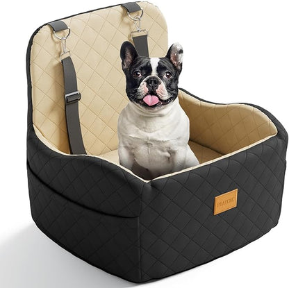 Dog Car Seat for Small/Medium Dogs Under 35lbs, Detachable & Washable Elevated Pet Travel Bed, 2 Storage Pockets & Safety Belt, Anti-Slip Base, Dog Booster Car Seat with Seamless Bottom Design