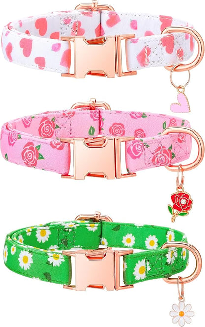 3 Pack Floral Dog Collars for Small Dogs Pink Dog Collar with Flower Pendant for Girl Female Dogs Adjustable Puppy Collars Pet Collar (9-14.5 inch)