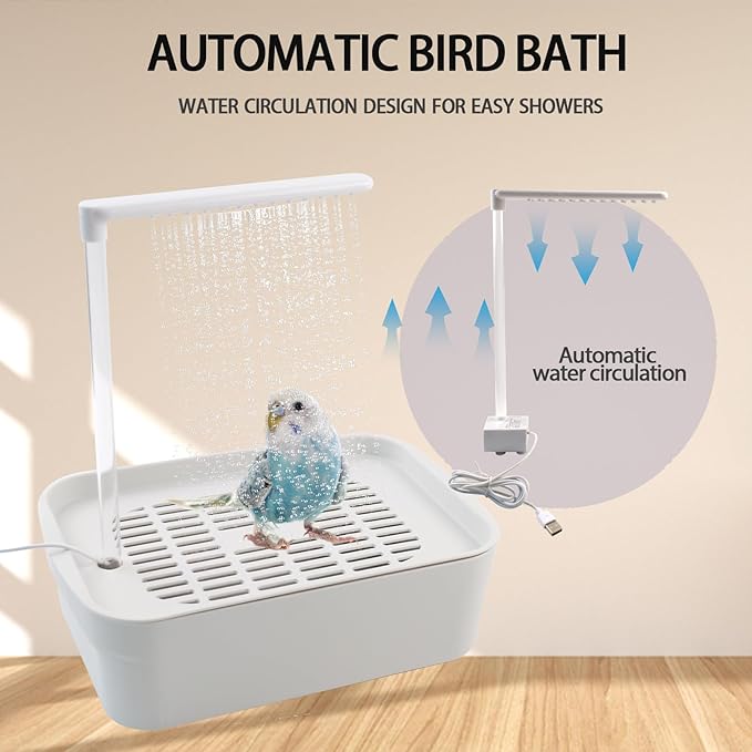 PINVNBY Automatic Bird Bath with Pump,Parrot Bathtub Shower Parakeet Bath Box with Cage USB & Power Plug Water Circulated Controller for Cockatiel Lovebird Conure Budgie(White)