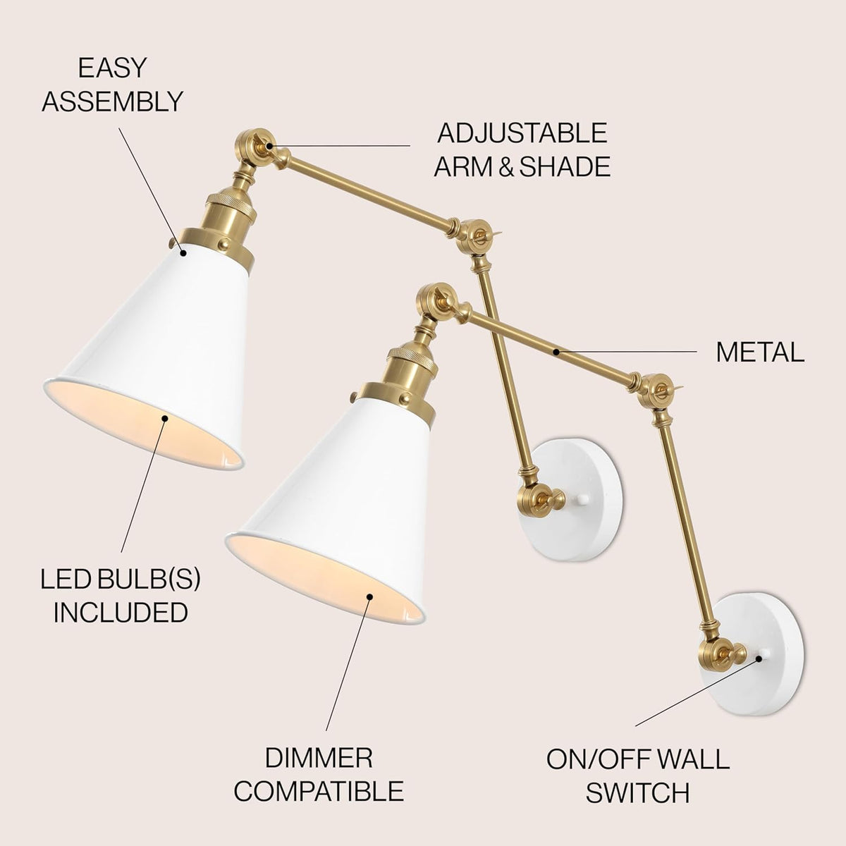 JONATHAN Y JYL7462B-SET2 Rover 7" Classic Industrial Metal Adjustable Arm LED Wall Sconce, White/Brass Gold (Set of 2) for Bedroom, Bathroom, Vanity