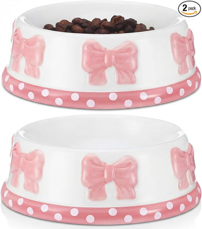 Reallnaive 2 Pcs Pink Bow Ceramic Bowl for Small Dog and Cat Cute Bowtie Pet Bowl for Food Water Macaron Pink Dish Pets Feeding Bowls Suitable Small Cat Dogs