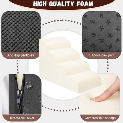 Dog Stairs for Small Dogs - High Density Foam Pet Steps, Extra Wide Dog Ramp with Non-Slip Bottom for High Beds, Couch and Sofa, Best for Dogs Injured, Older Doggy Cats, 4 Steps, Black