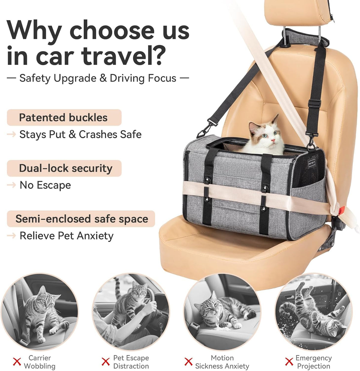 PETSFIT Soft-Sided Cat Carriers & Car Seats with Patent Safe Buckles, Clip-On Harness，18"x11"x11" Airline Approved Pet Carrier - 9 lbs Capacity,Grey