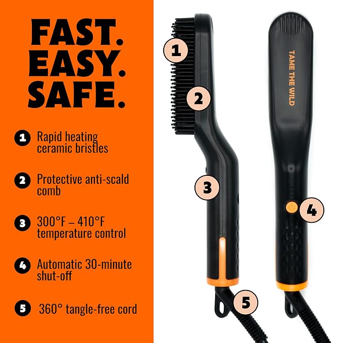 Tame the Wild Premium Beard Grooming Kit - Heated Beard Brush, Straightener Comb, Heat Protectant Spray, Beard Soap, Balm, Wooden Comb, and Storage Case