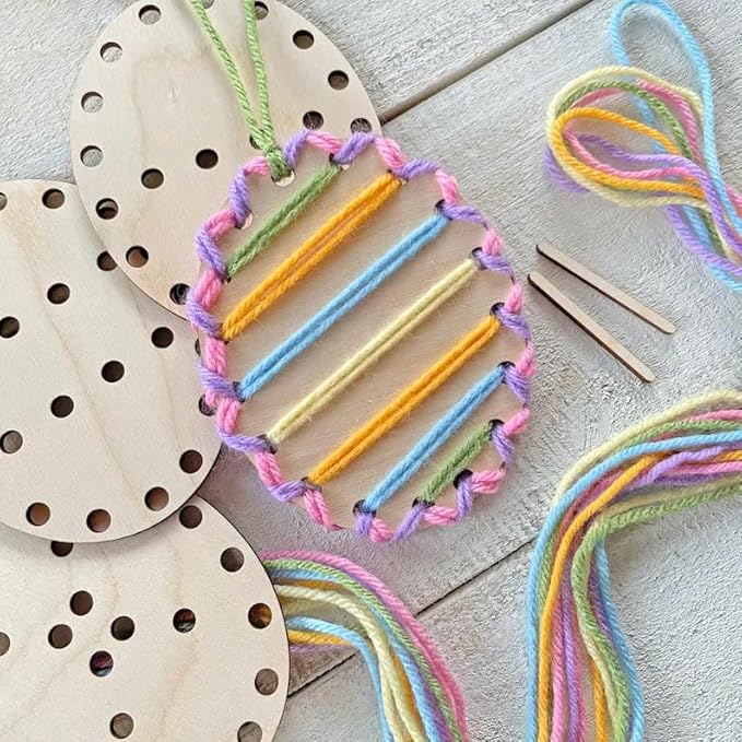 Easter Egg Ornaments for Tree 1x Pre-Cut Wooden Craft, 6X Yarn Colors 2X Needles, Craft kit for Hanging, Easter Gifts Christian Ornaments, Catholic Decor, He is Risen (1, Egg)