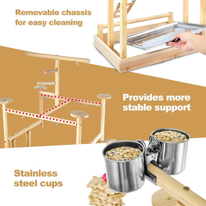 Bird Playground - Natural Wood Parrot Playstand with Perches, Bird Play Gym & Accessories, Removable Tray & 4 Stainless Steel Cups
