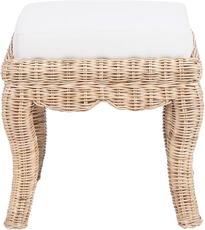 JONATHAN Y VSL1000A Rowan 19.7" Bohemian Designer Woven Rattan/Wood Vanity Stool, White Cushion with Natural Frame, for Living Room, Bedroom, Entryway, Foyer