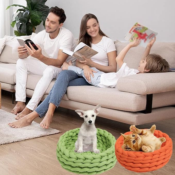 Woven Dog Bed Basket, Knitted Cotton Cat Bed Round Washable Woven Cat Pet Bed Chunky Dog Basket, Orthopedic, Chunky Knit Dog Nest,Dog Bed,Dog Cave,Dog Bedding(Red,19")