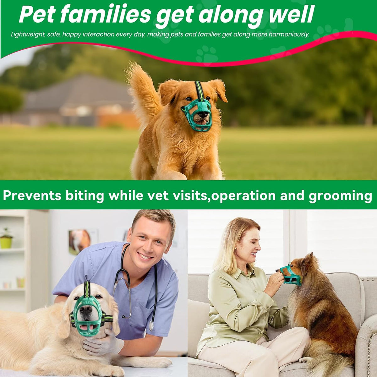 Dog Muzzle, Basket Muzzle for Small Medium Large Dogs, Anti-Biting and Chewing, Lightweight & Sturdy Cage Design, Allows Panting & Drinking, Ideal for Grooming & Training(Green Size L)
