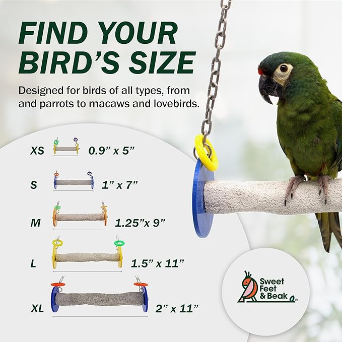 Sweet Feet and Beak Roll Bird Swing - Perch Bird Toys Trims Nails and Beaks, Safe and Non-Toxic Bird Cage Accessories for Small and Large Birds, Swinging Toys Birds Will Love, XL 11 Inches - Yellow