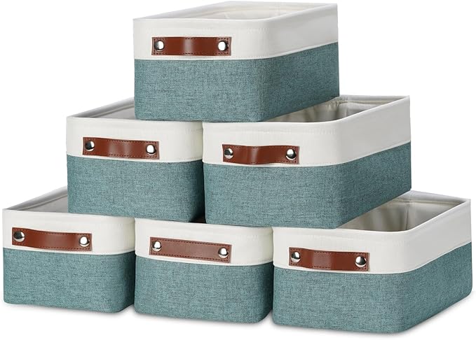 DULLEMELO Set of 6 Small Baskets for Organizing, Small Fabric Storage Bins for Storage, Collapsible Storage Bins with Handles for Shelves, Closets (11.8"x7.9"x5.1", White&Deep Green)