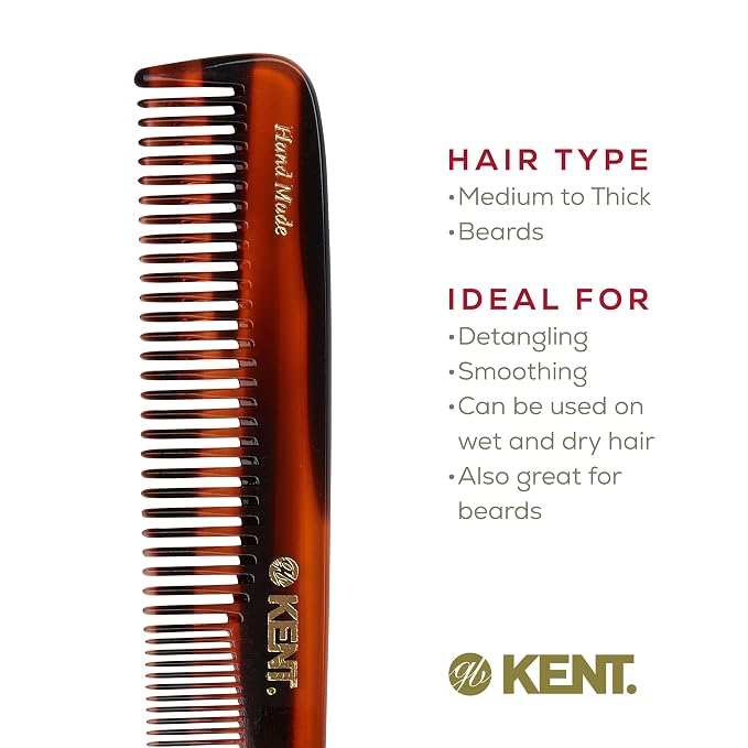 Kent 9T Tortoise Fine and Wide Tooth Detangler Hair Comb - Large Handmade and Saw-Cut Dressing Comb -for Wet and Dry, Hair Comb for Women and Durable Grooming Comb for Men, Made in England
