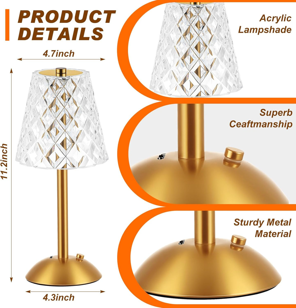 Liliful 2 Pcs LED Portable Cordless Table Lamp Touch Battery Operated Rechargeable Desk Lamp 3 Color Dimmable for Bedroom Living Room Dining (Diamond Style,Gold)