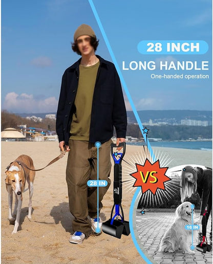 SZHLUX 28" Pooper Scooper, Foldable Dog Pooper Scooper with Unbreakable Material and Durable Spring for Grass and Gravel, Blue