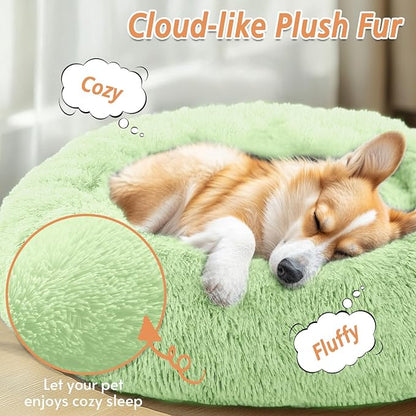 JOLLYVOGUE Calming Dog Bed Medium Size Dog, 31in Donut Washable Medium Pet Bed, Anti-Slip & Anti-Anxiety Fluffy Faux Fur Round Dogs Bed, Fits up to 45 lbs Pets (Light Green)
