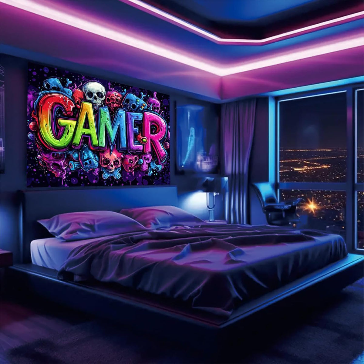 Starlit Patio Blacklight Skull Tapestry Gothic Skeleton UV Reactive Gamer Tapestry Horror Glow in The Dark Wizard Magic Forest Wall Hanging for Home Decor 78 x 59 Inches