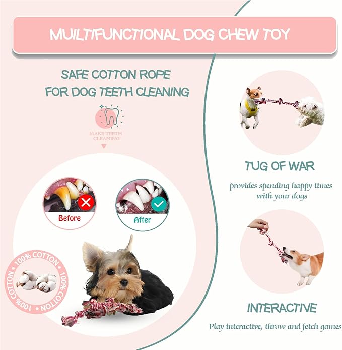 Puppy 3 Pack Cotton Knot Rope Toys for Small Dogs & Puppies, Durable Teething & Tug of War Chew Toy, Safe Interactive Toy for 2-8 Months Pets and High Active Puppy (Pink, Small)