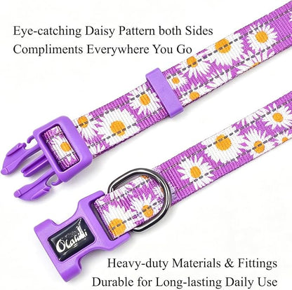 Dog Collar Leash Set, Floral Pattern, with Safety Reflective Strips, 5 ft Matching Leash, Neoprene Padded Handle, Adjustable 4 Sizes for Small Medium Large Dogs.(S, Purple Daisy)