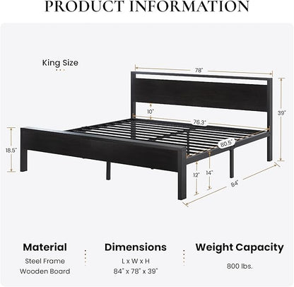 SHA CERLIN 14 Inch King Size Metal Platform Bed Frame with Wooden Headboard and Footboard, Mattress Foundation, No Box Spring Needed, Large Under Bed Storage,Black Oak