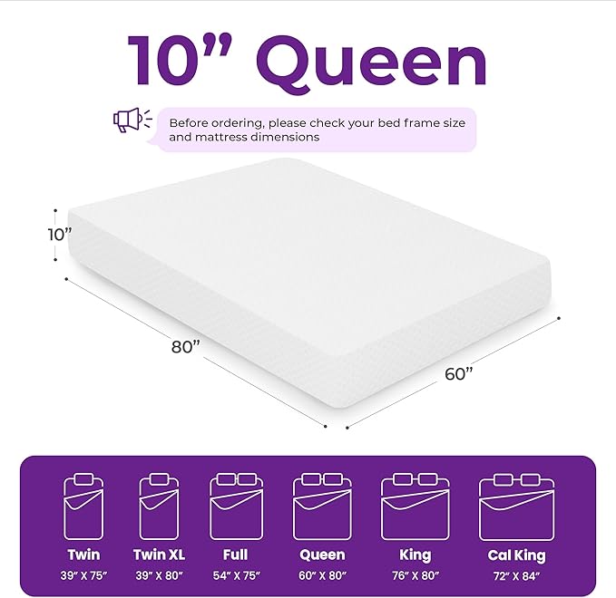 GAESTE 10 Inch Queen Cooling Gel Memory Foam Medium Firm Mattress Breathable Pressure Relief CertiPUR-US Certified Foam, Mattress-in-a-Box for Kids and Adults No Fiberglass (Queen, 10 in)
