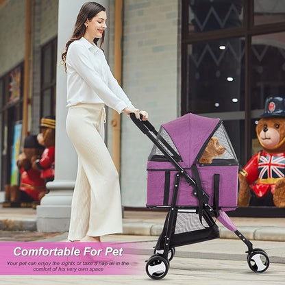 BestPet 3-Wheels Premium 3-in-1 Multifunction Pet Stroller for Medium Small Dogs & Cats - Detachable Carrier, Lightweight Folding Travel Stroller, Purple