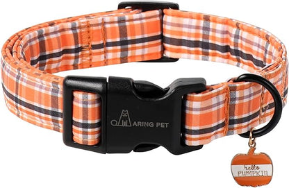 ARING PET Puppy Fall Dog Collar, Autumn Orange Black White Plaid Pet Collars for Small Medium Large Girl Boy Dogs Halloween-S Size