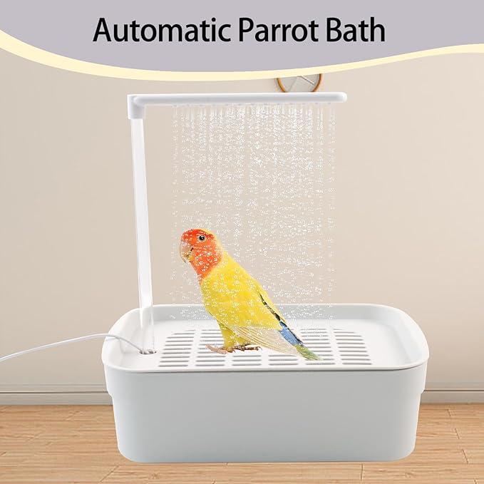 PINVNBY Automatic Bird Bath with Pump,Parrot Bathtub Shower Parakeet Bath Box with Cage USB & Power Plug Water Circulated Controller for Cockatiel Lovebird Conure Budgie(White)