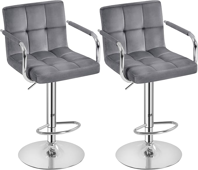 Yaheetech Counter Height Bar Stools Set of 2 Velvet Swivel BarStools for Kitchen Stool Height Adjustable Counter Stool Barstools with Armrest, Velvet, Grey