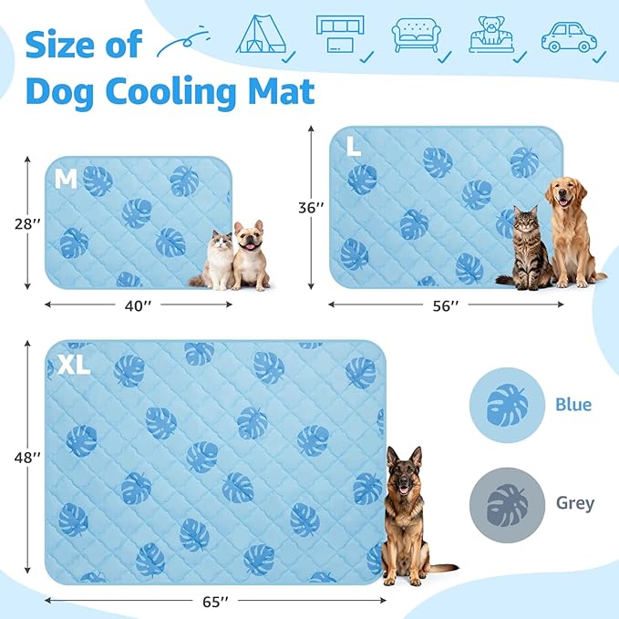 LOOBANI Dog Cooling Mat for Small Dogs Cats - 40"x28" Pet Cooling Mat with Anti-Slip Bottom, Waterproof Self-Cooling Dog Pad for Crate, Floor & Car, Grey Monstera (Blue, 40"x28")