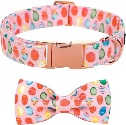 Maca Bates Easter Day Dog Collar with Fancy Bow Tie for Extra Large Girl Boy Dogs, Pink Easter Egg,Chick Pattern,Adjustable Durable Soft Breakaway Collars for Male Female Puppy