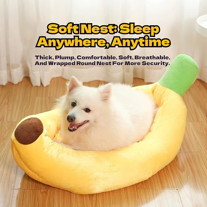 Banana Pet Bed for Small Dogs and Cats, Cozy Enclosed Calming Cave Bed with Removable Plush Cushion for Indoor Kittens Puppies Small Pets (Banana Bed, X-Large)