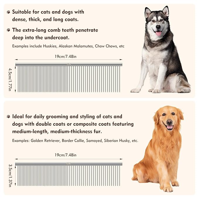 WRW Stainless Steel Dog Combs [4 Pcs], Groom Like a Professional, Coarse Pet Butter Comb for Dog ＆ Cat, Rounded Corners Prevent Friction and Breakage, 4 Sizes of Steel Teeth Fit Most Pet Fur
