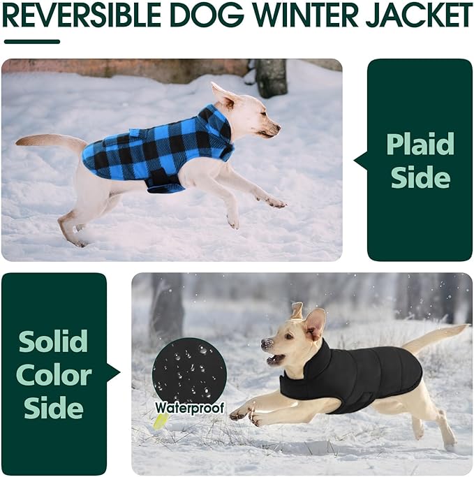 Kuoser Dog Winter Coat, Windproof Dog Fleece Jacket British Style Plaid Cold Weather Doggie Vest Coats, Reversible Cozy Warm Puppy Clothes Pet Apparel for Small Dogs S