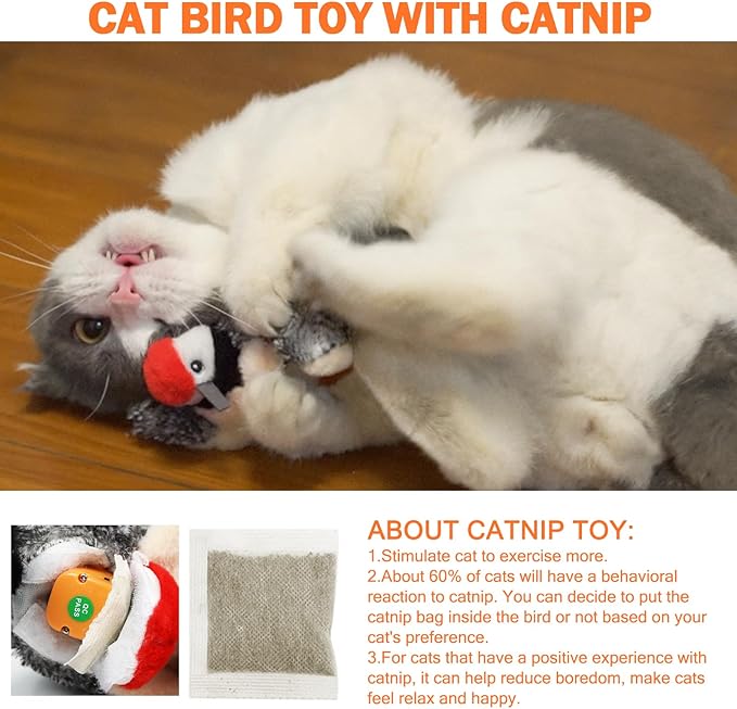 Tocirelo Flappy Bird Cat Toy, Simulated Flying, Not-Real Flying, Motion-Activated Chirping and Flapping Wings Cat Bird Toy, Realistic Cat Interactive Toys for Indoor Cats, Catnip Kitten Kicker Toy
