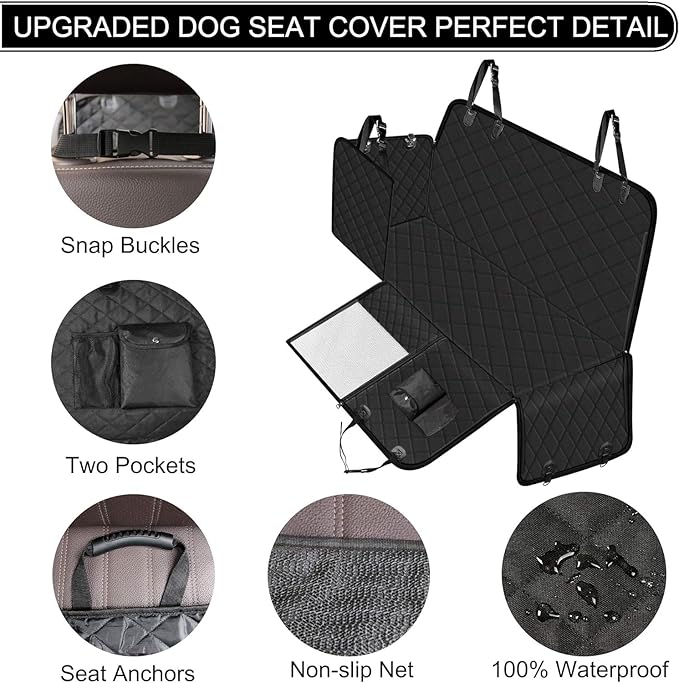 Femuar Dog Car Seat Cover, Waterproof Nonslip Pet Seat Cover for Back Seat with Storage Pockets Mesh Visual Window, Scratch Proof Pet Dog Seat Cover Hammock for Cars Trucks and SUVs, XL-Black