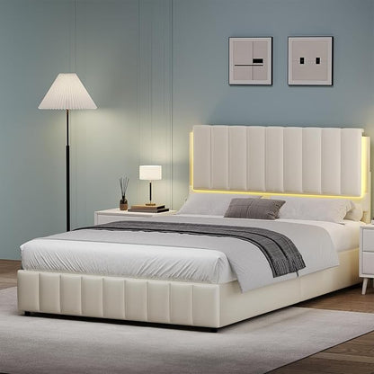 Full Size Bed Frame with LED Lights, Faux Leather Upholstered Platform Bed with Headboard and Wooden Slats Support, No Box Spring Needed, Noise-Free, Easy Assembly, Cream