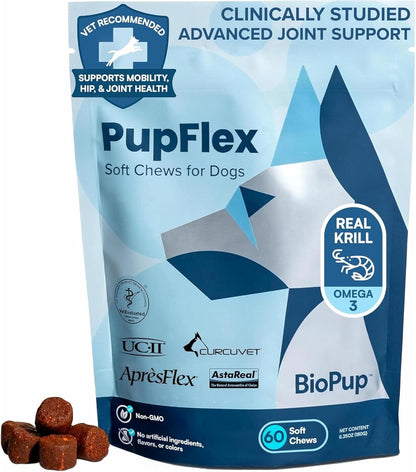 PupFlex+ Hip and Joint Supplement Dogs, Vet Created Soft Chews with UC-II® Collagen for Dogs, CurcuVET® & Omega 3, Proven More Effective Than Glucosamine Chondroitin, Dog Joint Supplement (60 ct)