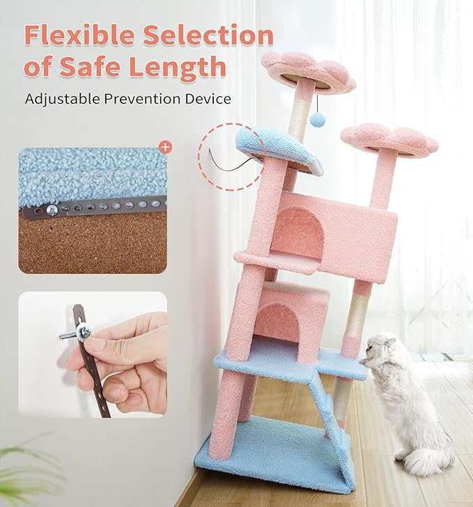 Made4Pets Cat Tree Tower 56" Cat Tower for Indoor Cats Kitten Tree Multi-Level Cat Tree with 2 Condo Furniture Activity Center with Scratching Posts Funny Toys (Pink Flower Blue)