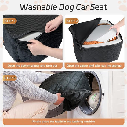 Dog Car Seat for Small/Medium Dogs Under 35lbs, Detachable & Washable Elevated Pet Travel Bed, 2 Storage Pockets & Safety Belt, Anti-Slip Base, Dog Booster Car Seat with Seamless Bottom Design