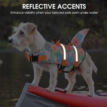 Dog Life Jacket High Flotation, Reflective Dog Life Vest for Swimming, Adjustable Dogs Life Preserver Rescue Handle Spring Summer Pool for Small, Medium, Large Dogs (HawaiiOrange,L)