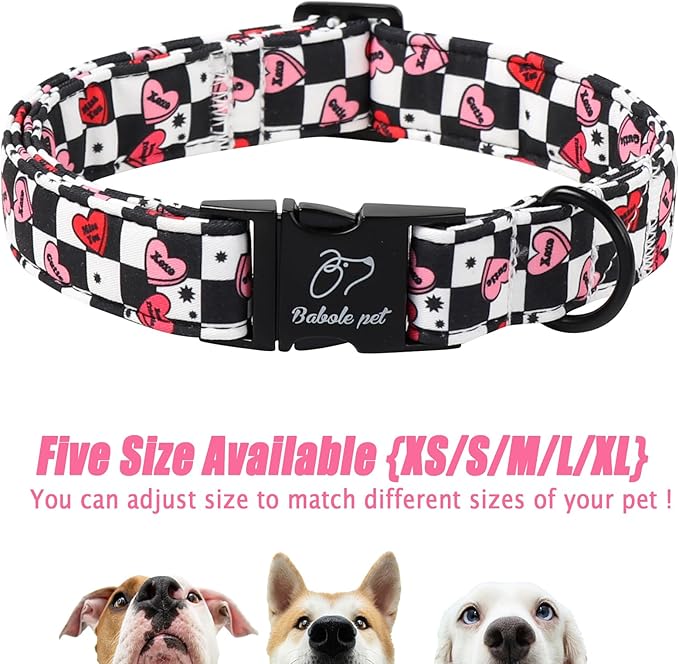 Valentines Dog Collar for Medium Dogs - Unique Black White Plaid Girl Boy Valentine Heart Dog Collars, Adjustable Heavy Duty Pet Collar with Metal Buckle M