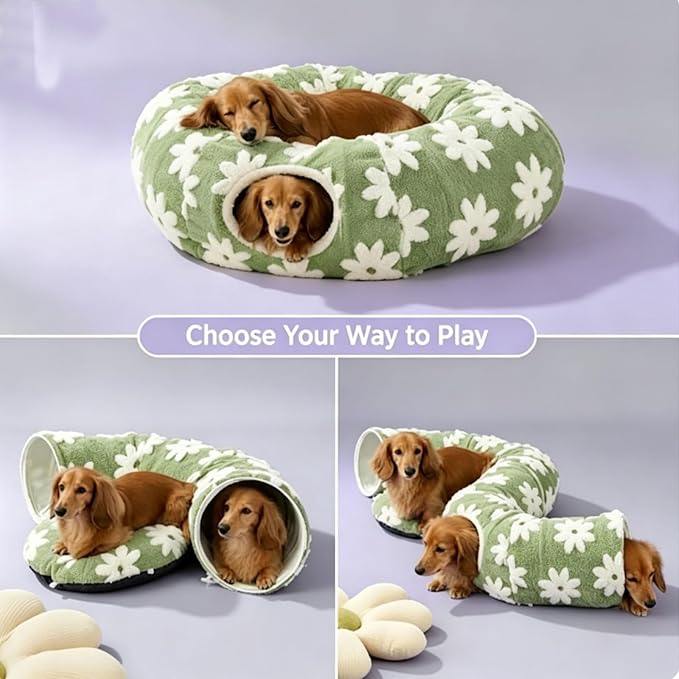 2026 New Tunnel Bed for Dachshund Dog,Dachshund Tunnel Bed - Flower Design Plush Foldable Dog Bed,Cat TunnelBed for Indoor Cats Tunnel Donut with Cushion and Play Ball,2 in 1,Detachable (D)